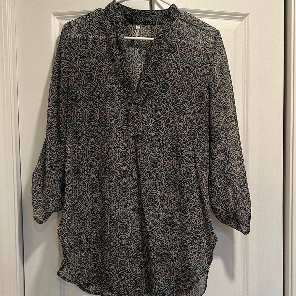 Auditions Black and Teal Patterned Blouse